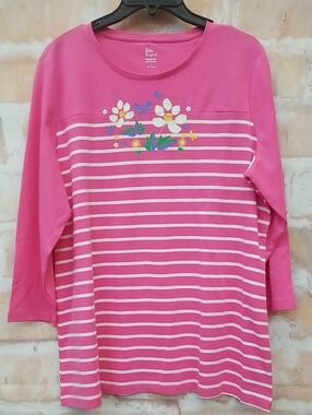 Kim Rogers Pink Striped Long-Sleeve Tee with Floral Chest Print Size L